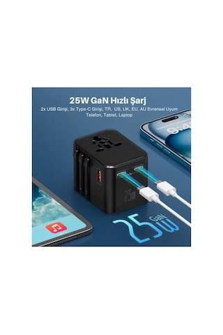 Universal Seyahat Adaptörü, 25w Gan Hızlı Şarj, 2x Usb-c + 1x Usb-a, Universal Travel Adapter, Priz Dönüştürücü, 200+ Ülke , Çoklu Cihaz Şarj, Kompakt Tasarım