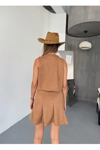 Kadın Suni Süet A Kesim Esnek Mini Etek Camel