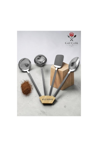 Gül Mutfak 4'lü Mutfak Servis Seti Kepçe-kevgir-spatula-kaşık 18/0 Kalite Paslanmaz Çelik Inox
