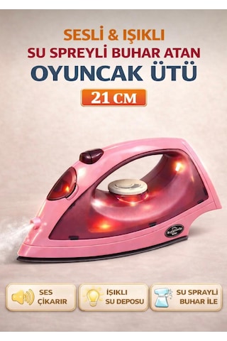 Oyuncak Buharlı Pilli Ütü Kutulu Ses Efektli Işıklı Su Spreyli Gerçekçi Su Eklenebilir 21 Cm Ev Aleti Pembe