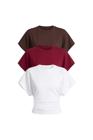 Genius Store Kadın Yarasa Kollu Bluz Pamuklu 3 Lü Bluz Yarasakol-3 Beyaz-bordo-kahverengi