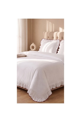 %100 Pamuk Overloklu Fırfırlı Çift Kişilik Nevresim Takımı Lastikli Çarşaflı 200x220 Cm Bordo - 904804703 Bordo