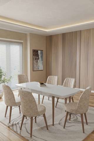 Toce Home Leva 80x130 Açılabilir Beyaz Masa Yemek Odası Takımı Mutfak Takımı 6 Adet Sandalye Bej
