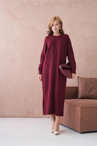Kadın Bisiklet Yaka Yumuşak Dokulu Maksi Boy Şardonlu Oversize Triko Elbise 8324sw Bordo