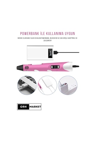 Pembe 3D Kalem 3D Pen Yazıcı Kalem – 3 Adet 3 Metrelik PLA Filament (Toplam 9M) + USB Kablo