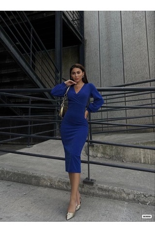 Kadın Kruvaze Yaka Balon Kol Simli Krep Kumaş Midi Boy Elbise Saks