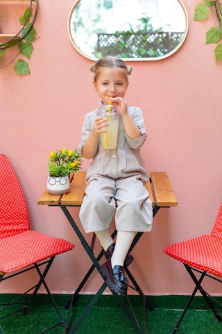 Oliventhekid Yakalı Pileli Kız Çocuk Tulum Bej Bej