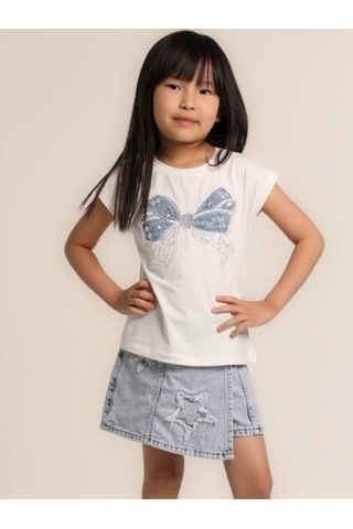 Escabel Kız Çocuk Fiyonklu İşlemeli T-shirt-15638 Beyaz