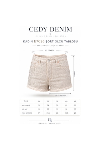 Cedy Denim Cedy Denım-kadın Normal Bel Likralı Taş Detaylı Püsküllü Denim Şort E7025 Bej