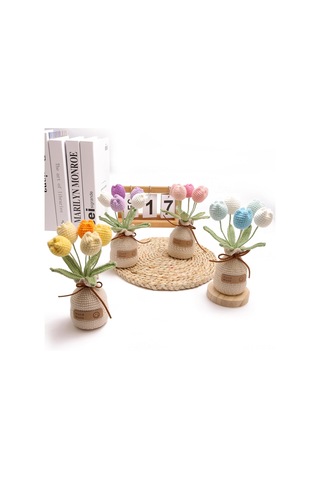 Dianziye El Örgü Gerçekçi Bitki: 5 Başlı Degrade Pembe Lale Saksı Bitkisi İplik Vazo Tabanı