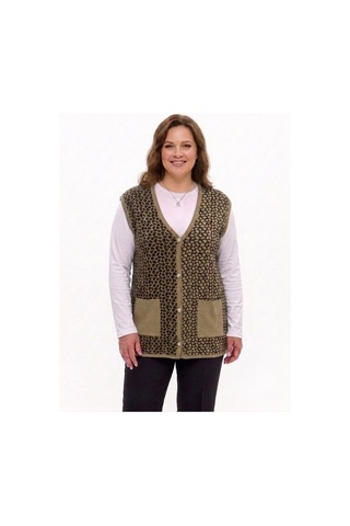Onno Style Women Çelik Örgü Klasik Leopar Desen Triko Yelek Vizon