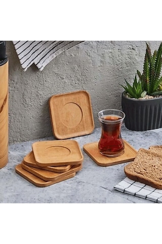 6 Lı Bambu Kare Çay Tabağı Seti 10x10 Cm Doğal Ahşap Görünümlü Servis Tabakları Ahşap