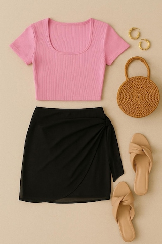 Moda Dua Kadın Pembe Yarım Kol Crop Ve Siyah Pareo 2'li Set