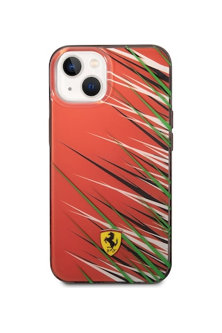 İphone Uyumlu 14 Kılıf Ferrari Lisanslı Baskı Logolu Çimen Desenli Kapak Kırmızı