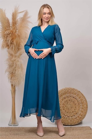 Kadın Yeni Sezon Kruvaze Yaka Şifon Hamile Elbise Hml003 Petrol Mavisi