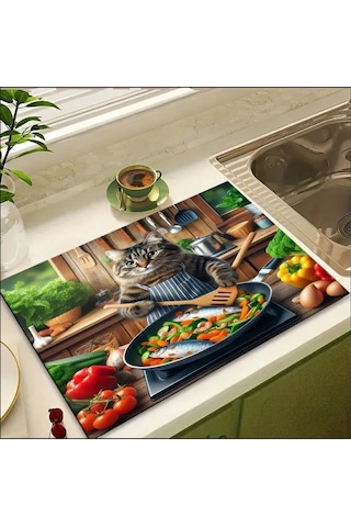 55 Cm X 45 Cm Kedi Şef Tasarımı Tezgah Üstü Bulaşık Kurutma Matı Bulaşıklık Kurutma Örtüsü Çok Renkli