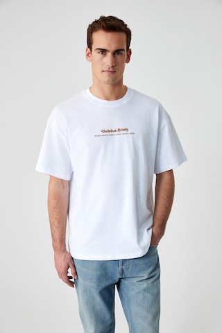 BOLETUS Erkek Baskı Detaylı %100 Organik Pamuk Oversize Bisiklet Yaka Kısa Kol Beyaz T-Shirt