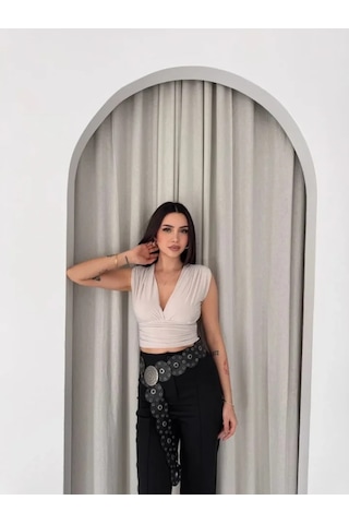 Efnaz Style Vatkalı Kolsuz V Yaka Drapeli Crop Bluz Likralı Fit - Boyalı Gri