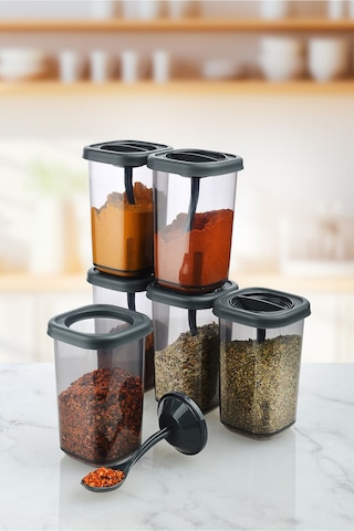 6 Lı Kendinden Kaşıklı Tuzluk & Baharatlık Seti 350 Ml. Gri