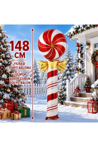 Vıp Yüksek Kalite 148 Cm Dev Fiyonklu Kırmızı Beyaz Lolipop Şeker Çubuk Folyo Balon Yılbaşı Balonu