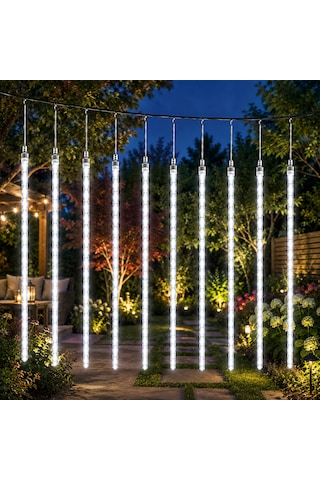 Vıp Yüksek Kalite Akan Işık Beyaz Yağmur Damlası Led Işık 10 Dal 45 Cm Çubuklar 360 Ledli 4.60 Metre