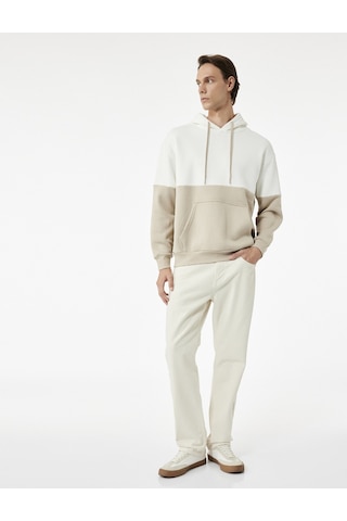 Koton Kapşonlu Renk Bloklu Pamuklu Şardonlu Oversize Kanguru Cepli Hoodie Bej 6wam70033mk Ekru