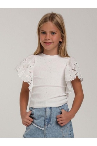Kız Çocuk Pamuklu Kolsuz Kolları Güpür Bedeni Taşlı Bluz-15601 Beyaz