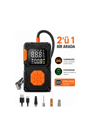 5000 Mah Taşınabilir Hava Pompası Kompresör 2 Ü 1 Arada Powerbank Dijital Ekran 150 Psı Araç Lastik Şişirme Cihazı