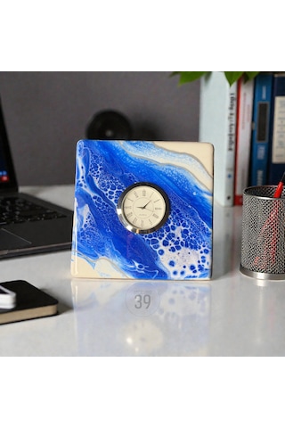 15x15 Cm El Yapımı Geode Masa Saati Gümüş Quartz Masaüstü Saat 5 Cm Kalınlık Beyaz - Mavi