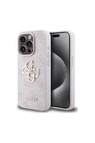 Apple Uyumlu iPhone 15 Pro Kılıf Guess Lisanslı Pu Deri Yazı Ve 4g Metal Logolu Desenli Kapak Pembe