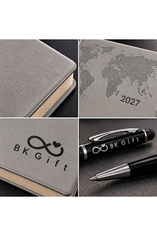 Logonuza Özel 25 Adet 378 Termo Deri 2027 Ajanda & Siyah Touch Pen Kalem Seti Gri