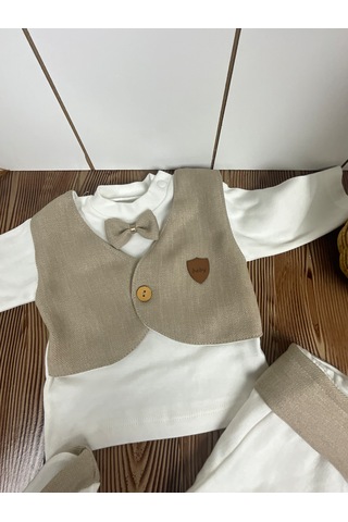 Zıpır Bebe Papyonlu Bebek Takım Açık Kahverengi