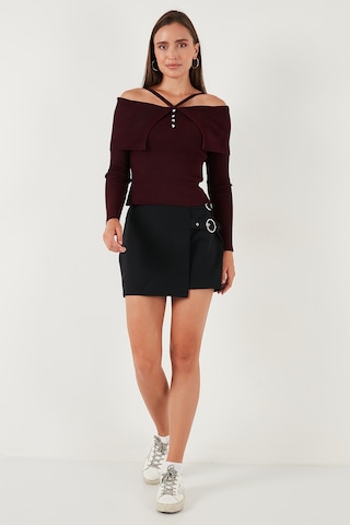 Lela Premium Fitted Fit Carmen Yaka Ip Askı Detaylı Triko Bayan Kazak 680Kz00076 Bordo