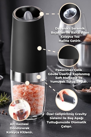 Gravity Paslanmaz Çelik Otomatik Tuz & Karabiber Öğütücü Pilli - Siyah Diğer