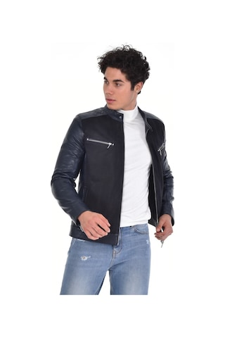 Hakiki Deri Siyah Erkek Deri Mont Önden Kumaş Detaylı Üst Ve Yandan Fermuarlı Deri Ceket Siyah