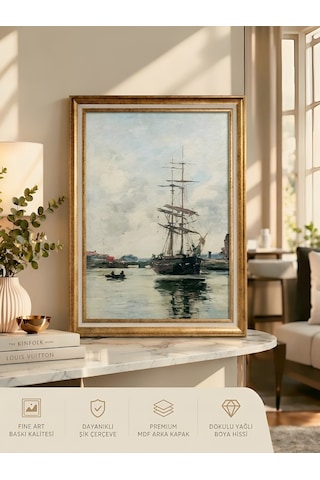 Gold Varaklı Vintage Çerçeveli Büyük Boy Tablo Klasik Yelkenli Gemi Sanat Eseri Dokulu Yağlı Boya Dekoratif Tablosu 50 X 70 Çerçeveli 60 X 80