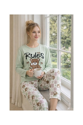 Rindahomewear Kadın Rules Ayıcık Baskılı Süprem Uzun Kol Pijama Takımı Haki