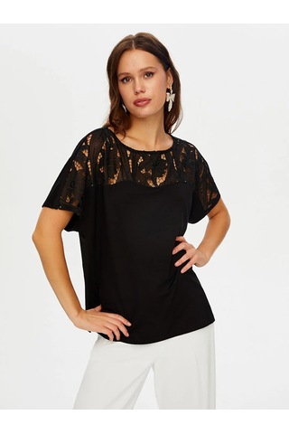 Faik Sönmez Payetli Dantel Garnili Kayık Yaka Kadın Bluz W26blz027 Siyah