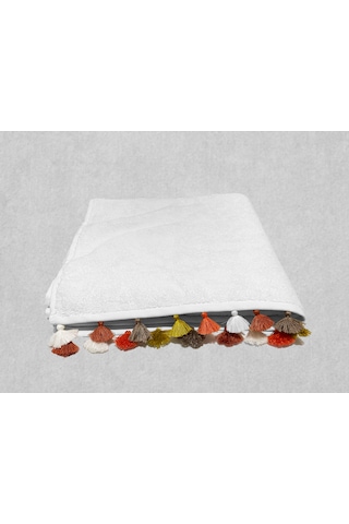 Püsküllü Yumuşak Pamuk Havlu Yüksek Emicili Vücut Havlusu 70x130 Cm Beyaz