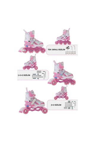 Melek Kanatlı Işıklı Çocuk Pateni Ve Dizlik Seti Silikon Teker Ayarlanabilir Paten Çantalı Pembe Pembe