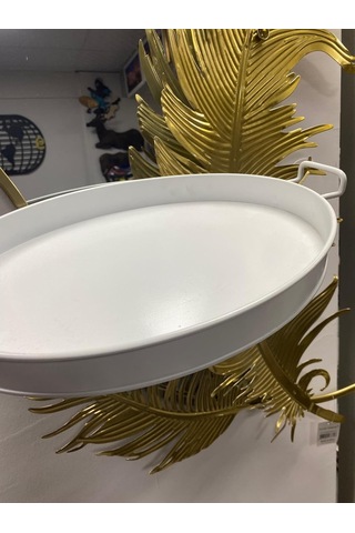 Metal Oval Tepsi, Beyaz, 36 Cm, Kulplu, Dekoratif Servis Tepsisi Çok Renkli