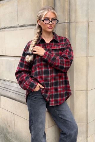 Seeh Kırmızı Oversize Ekose Desenli Kadın Gömlek Sh334 Ekoseli