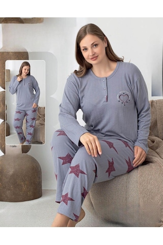 Lindros Kadın Pamuk'lu Düğme Yaka Raporlu İnterlok Kışlık Battal Pijama Takımı 05144 - 1 Adet Gri