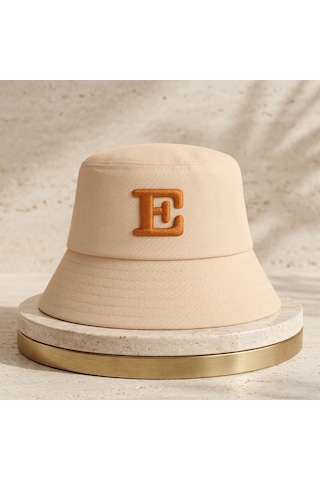 Bk Gift Kişiye Özel Harf Nakışlı Unisex Bucket Şapka Krem Pamuk Gabardin Kumaş Yazlık Şapka