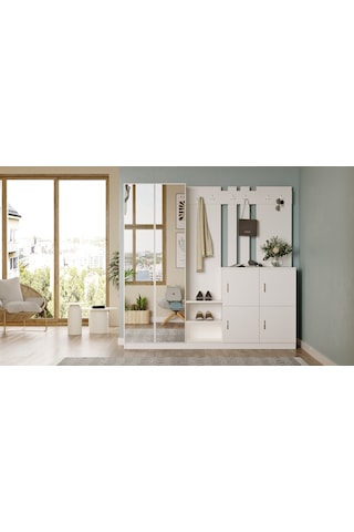 Robin Home Nova Aynalı Vestiyer Portmanto Ayakkabılık Beyaz