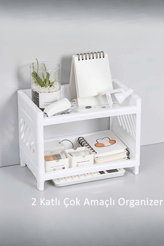 2 Adet 2 Katlı Beyaz Plastik Çok Amaçlı Makyaj Banyo Ofis Raf Organizeri Mıt1280 Beyaz
