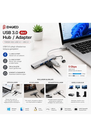 Enkado Ekd-uh60 Usb Çoğaltıcı Hub Adaptör 4ın1 Usb 3.0 Usb 2.0 Usb 3.0 Giriş 4 Anahtarlı Port