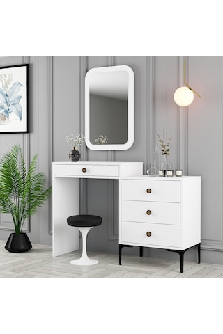 Lizbon Makyaj Masası Aynalı - Beyaz / Beyaz