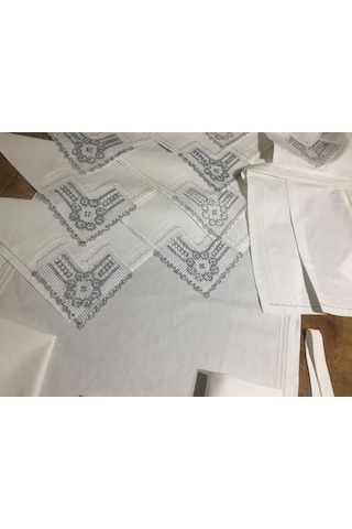 Finezza Batik Gümüş Dantelli Pamuk Kumaş Beyaz Mutfak Takımı 17 P