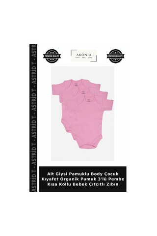 Astrid T Alt Giysi Pamuklu Body Çocuk Kıyafet Organik Pamuk 3'lü Pembe Kısa Kollu Bebek Çıtçıtlı Zıbın